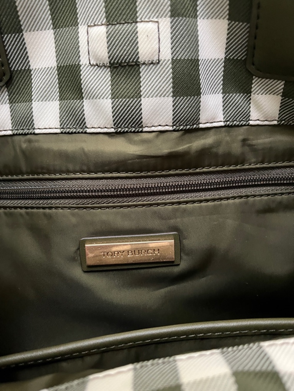 Tory Burch Olive and White Gingham Logo Tote with Leather Trim - Picture 2 of 11